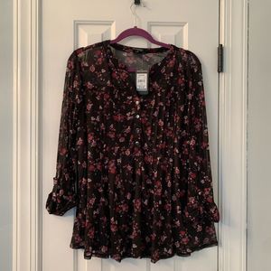 NWT Ave & Grace black & purple floral print double layer mesh top  A000